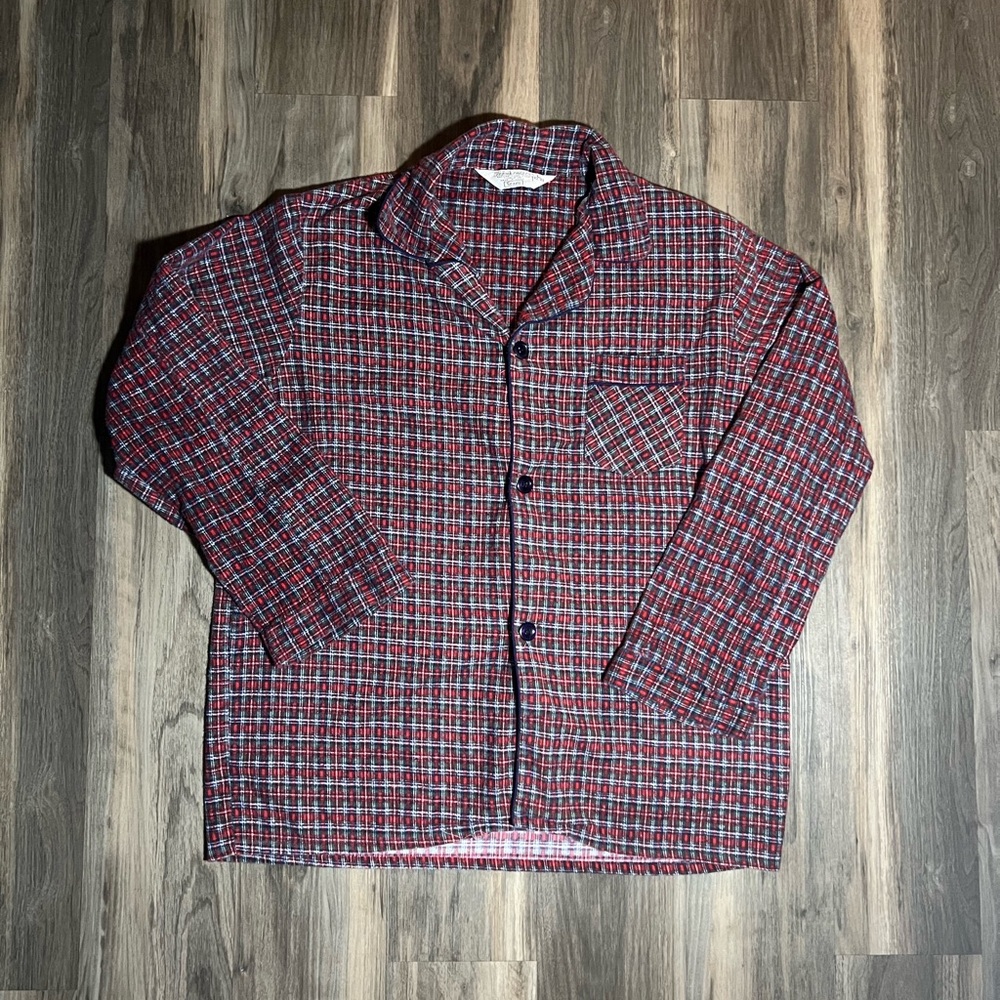 Vintage Sears Red Flannel Plaid Pajamas PJs Button Up Perma Pest Size L 42-44
